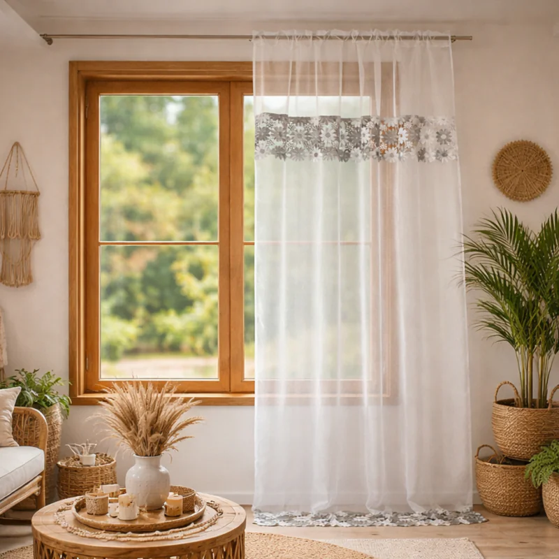 Firana z etaminy z szarą gipiurą 400x160 cm - obrazek 3