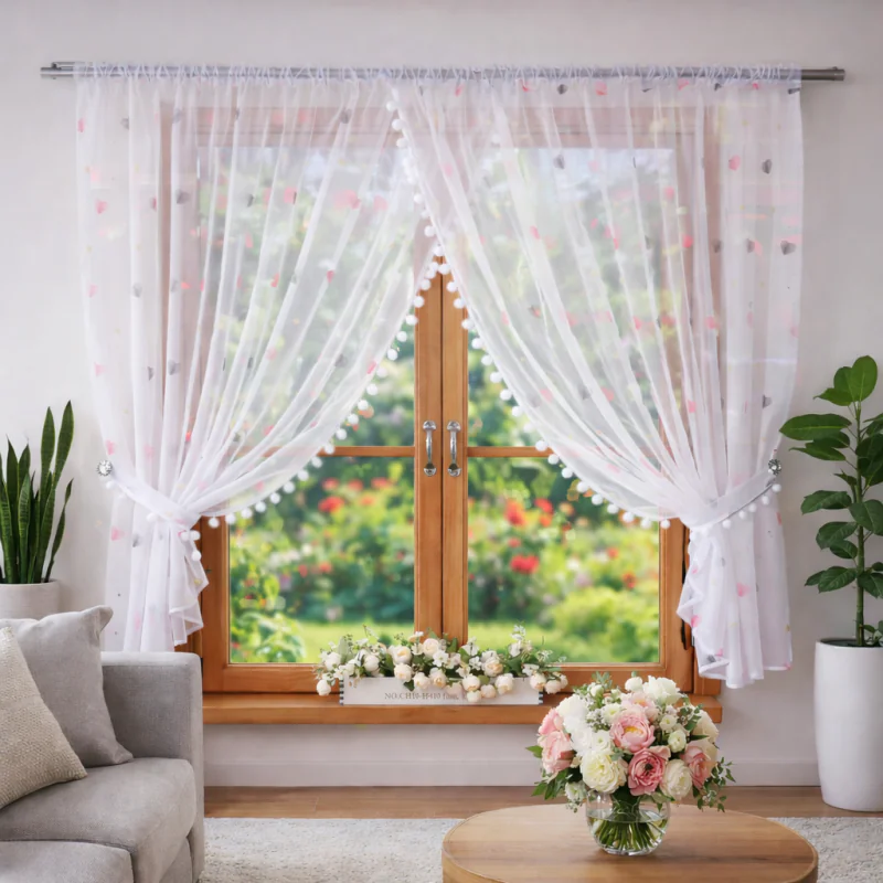 Firana z pomponami w serca 400x150 cm