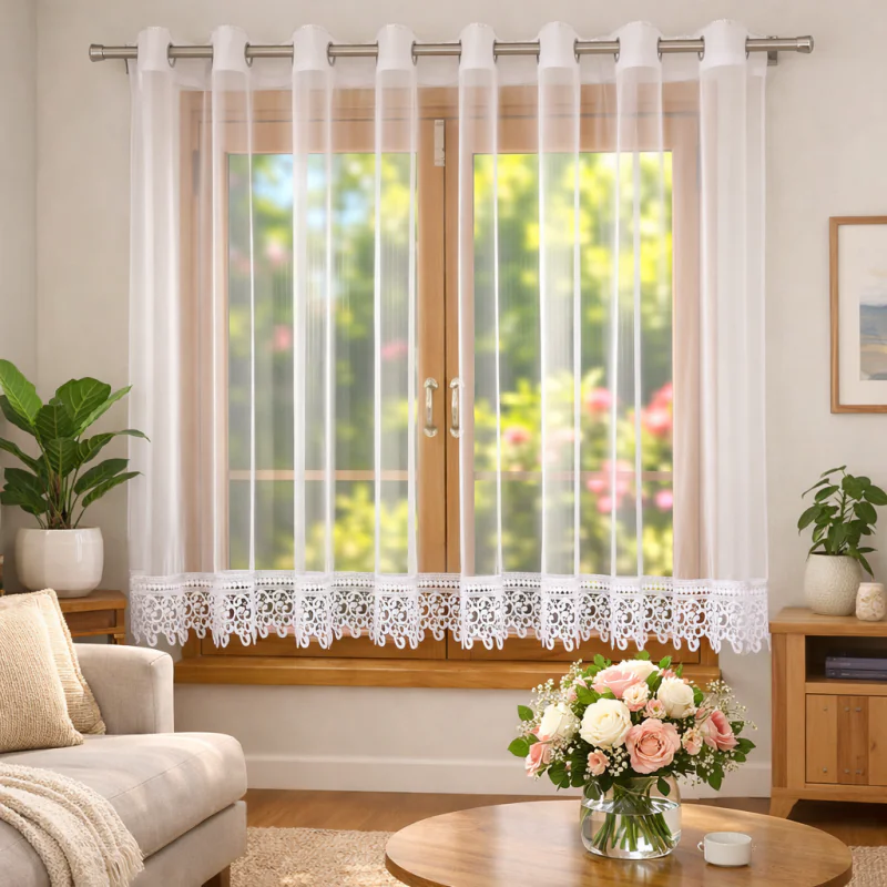 Firana z woalu zdobiona gipiurą na przelotkach 400x145 cm