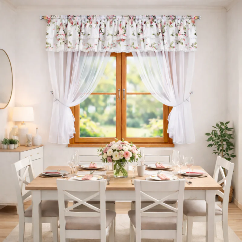 Firana zdobiona kwiatowym lambrekinem 400x150 cm
