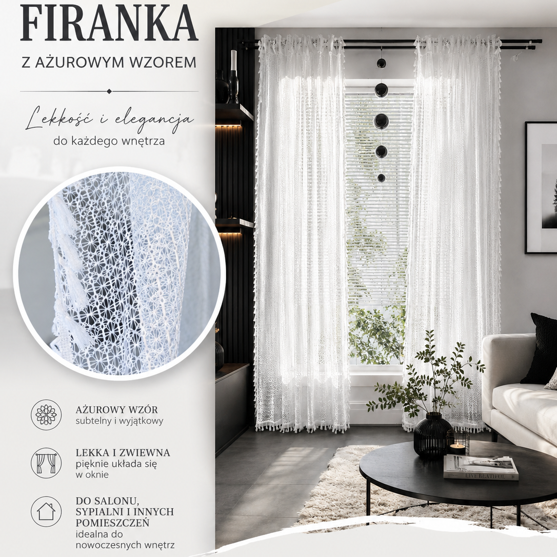 Firana żakardowa biała ozdobiona frędzelkami WAVE 145x250 cm