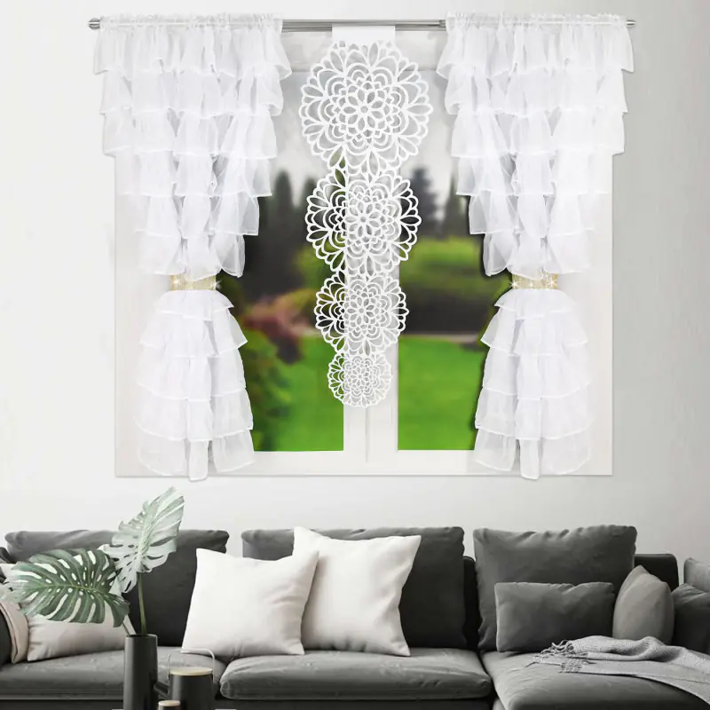Komplet białych firan z falbanami i panelem 2x145x160cm i panel 50x135