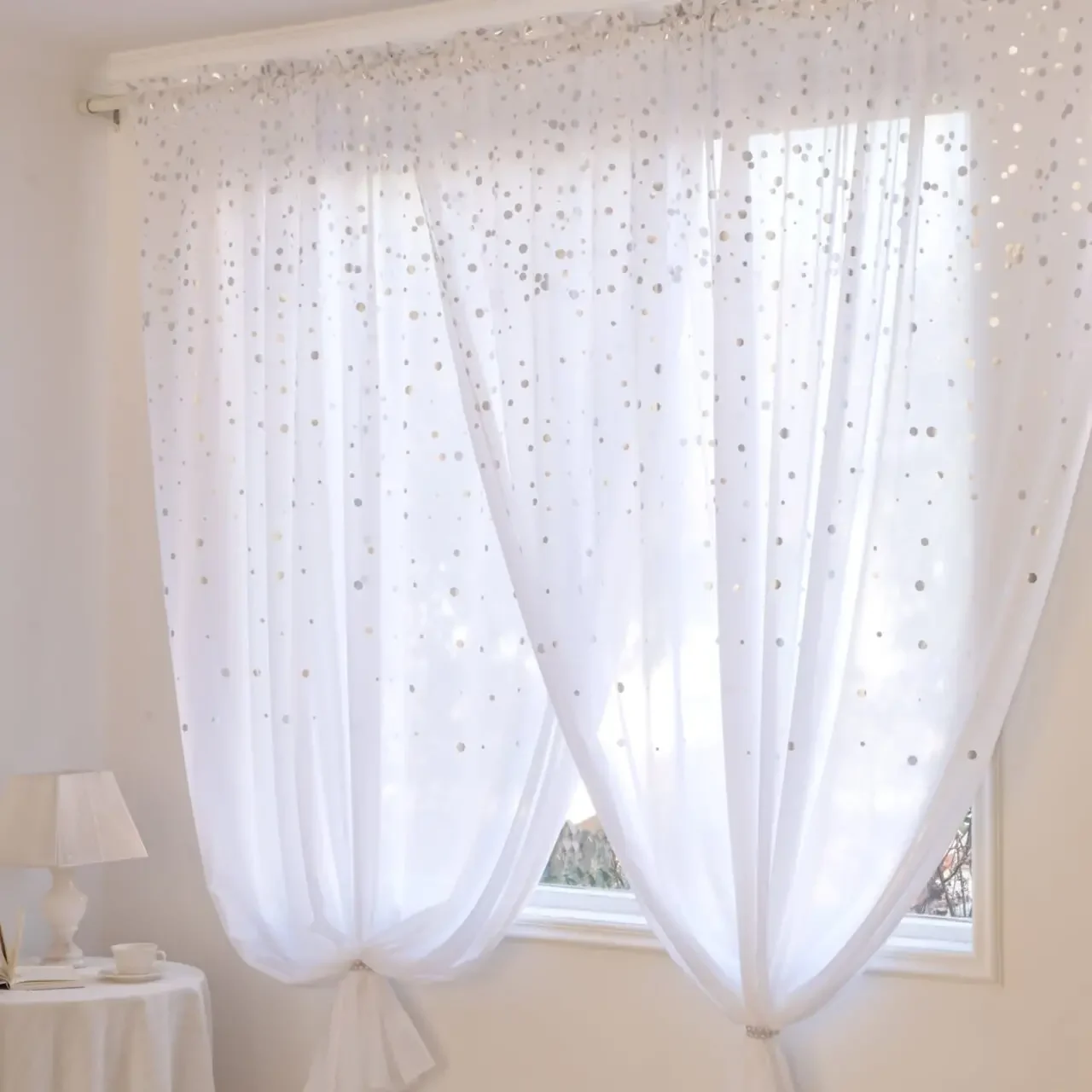 Firana zakładana srebrne kropki 400x250 cm